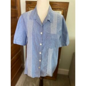 Vintage 70s Graff Californiawear Blue Rickrack Embroidered Button Down Shirt L